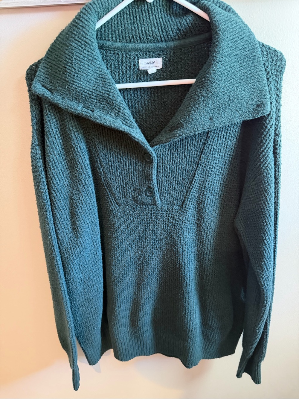 aerie Dark Green Cowl Neck Button Pullover
